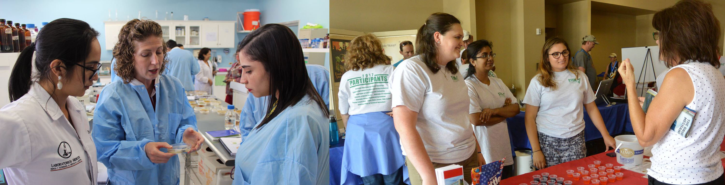 Students talking with an interested person and scientists discussing the contents of a sample