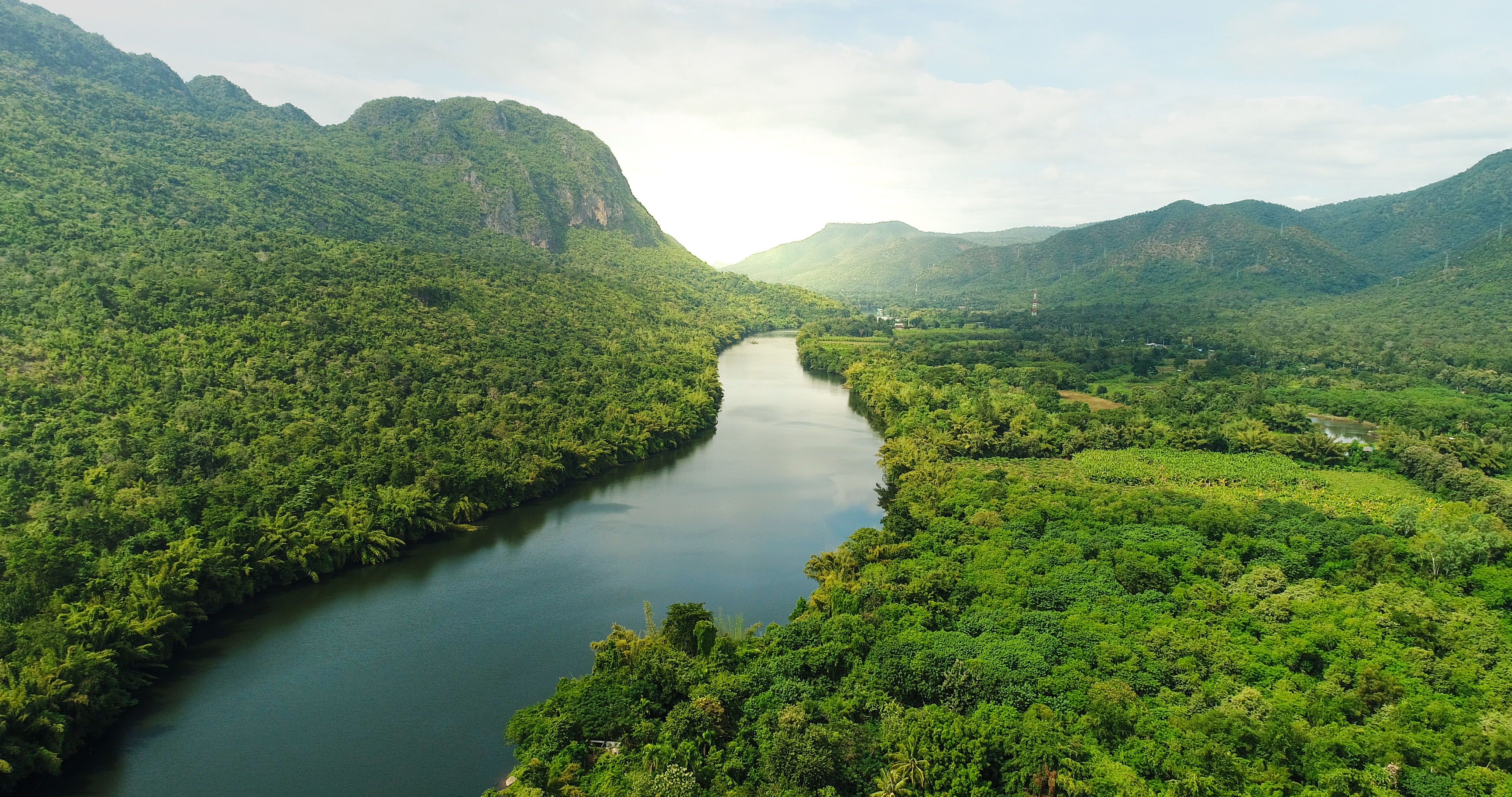 A river flowing though a green landscape