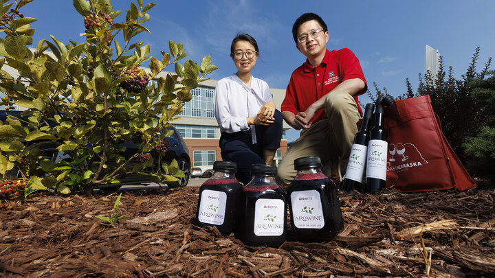 A+ Berry startup founders pose with their products on Innovation Campus. 